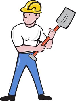 illustration of a construction worker wearing hard hat holding a shovel spade standing front on isolated background done in cartoon style