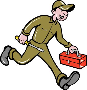 illustration of a mechanic with screw driver and toolbox walking done in cartoon style on isolated background