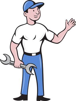 illustration of a mechanic repairman holding a spanner waving hand standing front done in cartoon style on isolated white background