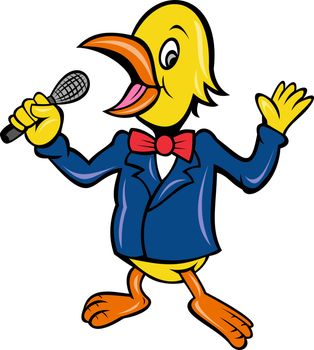 cartoon illustration of a bird singing karaoke with microphone in business suit isolated on white 