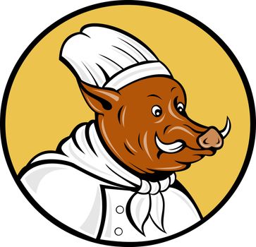  illustration of a cartoon chef wild boar pig looking to side set inside a circle