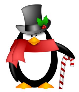 Cute Cartoon Penguin with Top Hat Red Scarf and Candy Cane Illustration Isolated on White Background
