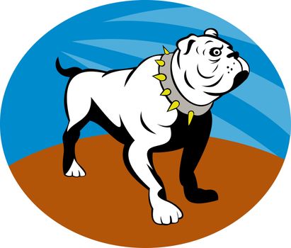  illustration of a Proud English bulldog set inside an oval.