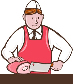 illustration of a cartoon butcher cutter with knife meat cleaver cutting meat viewed from front standing.