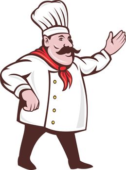  illustration of a cartoon Italian chef with mustache saying hello or welcome with hands extended isolated on white