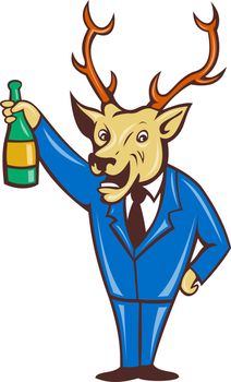 illustration of a cartoon deer holding champagne wine bottle in business suit on isolated background