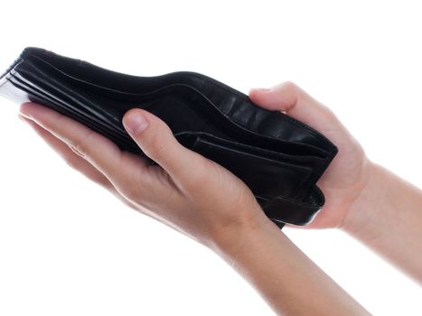 Empty leather currency wallet on finance poverty