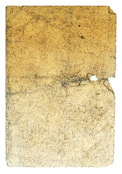 Vintage paper with turned corner, holes and hard damages. Mustard-yellow color. Vertical orient.