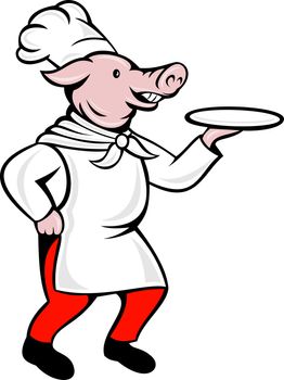 illustration of a cartoon pig chef cook or baker serving platter plate dish isolated on white viewed from side