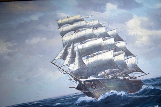over 100 year antique painting of a sail ship