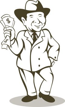 illustration of a Man in business suit and hat holding wads of dollar bill money isolated on white background