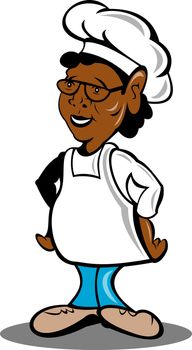 cartoon illustration of a african american chef cook or baker standing isolated on white