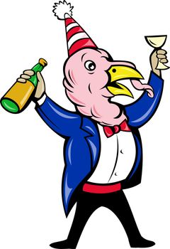 illustration of a cartoon turkey in tie and suit holding wine bottle and glass offering a  toast isolated on white