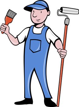 illustration of a House painter with paint roller and holding a paintbrush standing isolated on white done in cartoon style