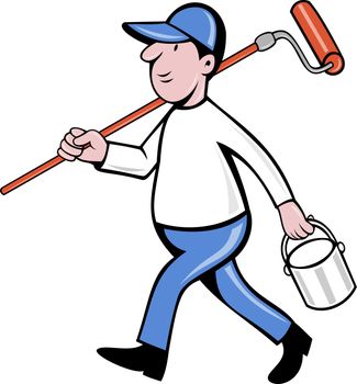 illustration of a House painter with paint roller and holding a paint can isolated on white done in cartoon style