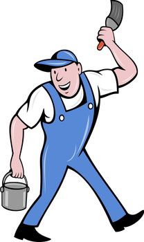 illustration of a House painter with paintbrush and holding a paint can walking isolated on white done in cartoon style