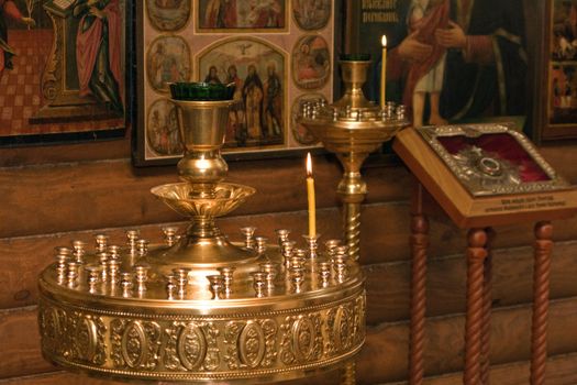 Pray god at crucifix in church religion scene