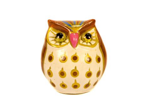 Small turkey owl decorative colored clay figurine isolated on white background.