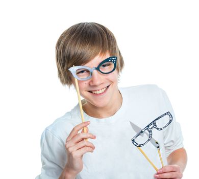 Close up portrait of young smiling cute teenager in white with glasses, isolated on white