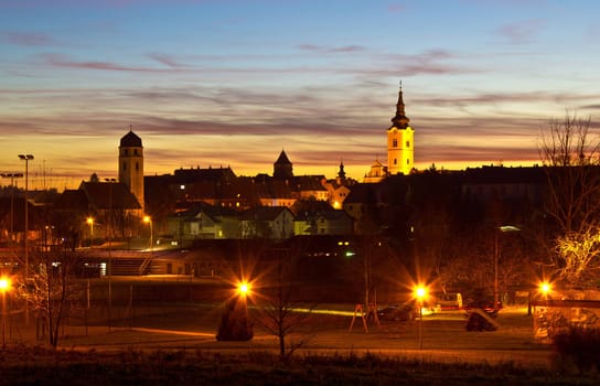 Colorful Dusk at historic Town of Krizevci, Croatia with church towers