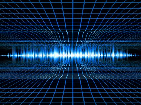 Interplay of perspective lines and sound wave on the subject of music, audio and sound technology