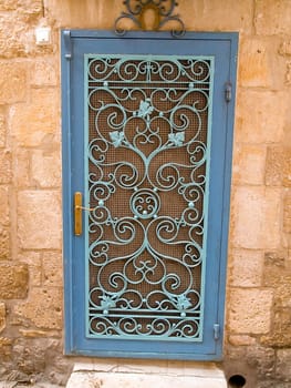 Beautiful Ornamented decorative blue iron door gate Jerusalem The Old city