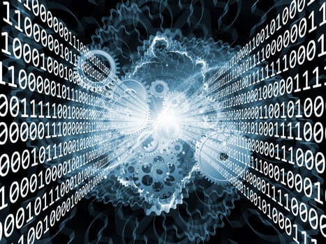 Composition of numbers, lights, gears and abstract design elements as a concept metaphor for digital and computational processes, math and modern technologies