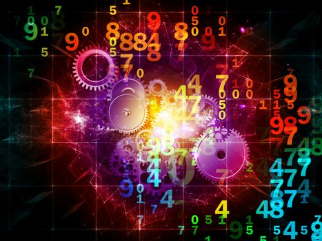 Composition of numbers, lights, gears and abstract design elements as a concept metaphor for digital and computational processes, math and modern technologies