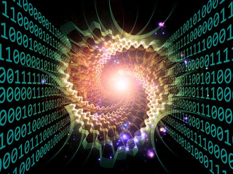 Composition of numbers, lights, gears and abstract design elements as a concept metaphor for digital and computational processes, math and modern technologies