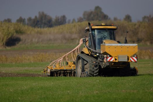 Agriculture, coulture, field, land, car, tractor, agricultural machine, rural, field,  tractors, vehicles, wheat, yellow, ,