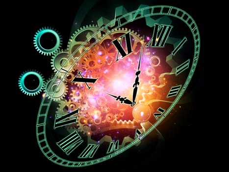 Composition of clock hands, gears and abstract design elements as a concept metaphor on subject of time, technological, engineering and industrial processes, deadlines, schedules,  past, present and future