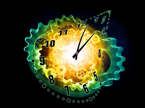 Composition of clock hands, gears and abstract design elements as a concept metaphor on subject of time, technological, engineering and industrial processes, deadlines, schedules,  past, present and future