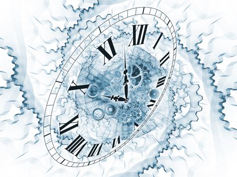 Composition of clock hands, gears and abstract design elements as a concept metaphor on subject of time, technological, engineering and industrial processes, deadlines, schedules,  past, present and future