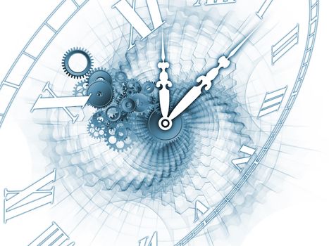 Composition of clock hands, gears and abstract design elements as a concept metaphor on subject of time, technological, engineering and industrial processes, deadlines, schedules,  past, present and future