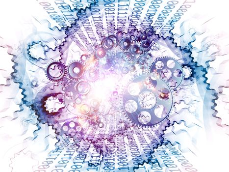 Interplay of numbers, lights, gears and abstract design elements on the subject of digital and computational processes, math and modern technologies