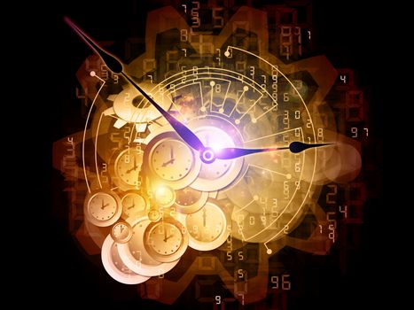 Composition of clock hands, gears and abstract design elements as a concept metaphor on subject of time, technological, engineering and industrial processes, deadlines, schedules,  past, present and future