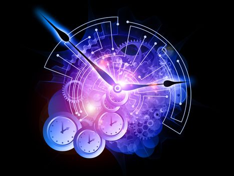 Composition of clock hands, gears and abstract design elements as a concept metaphor on subject of time, technological, engineering and industrial processes, deadlines, schedules,  past, present and future