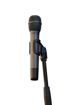 Professional vocal microphone on stand close-up, isolated on white background