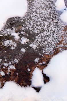 Beautiful closeup of icy snowflakes on frosted stream