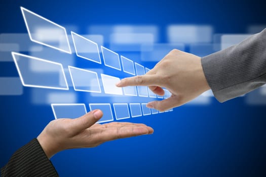 Business Hand Push on Virtual Technology Touch Screen Interface