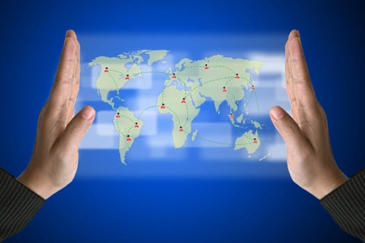 Business Hand with World Social Media Concept on Technology Virtual Screen