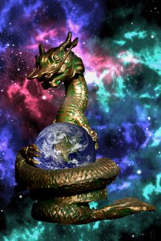 Dragon rolled the earth in the space with colorfull orion background