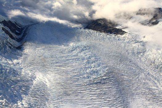 aerial view of franz josef glacier from helicopter in New Zealand