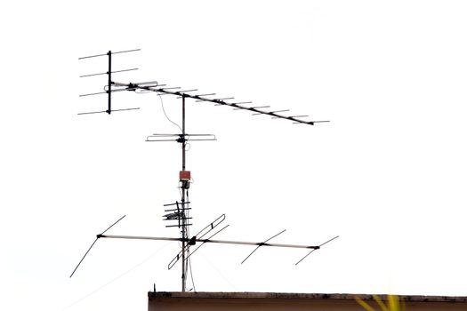 Television antenna on white sky for telecommunication concept