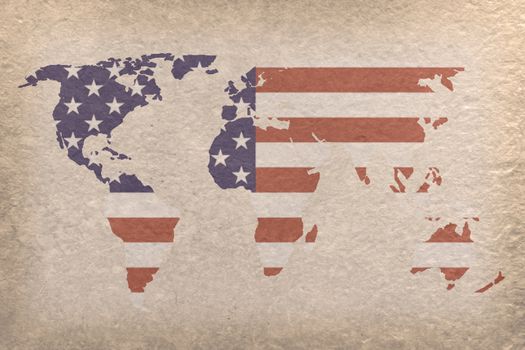 vintage world map with USA flag on paper craft (map from NASA)