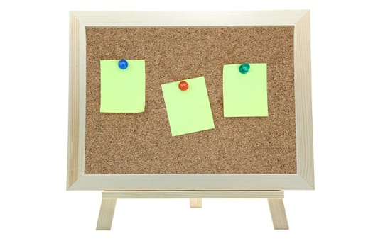 three yellow memo sticker on notice cork board isolated on white