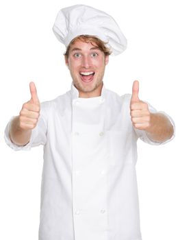 Chef. Chef, cook or baker showing thumbs up hand sign smiling happy and excited looking at camera. Young caucasian male chef wearing chefs hat and uniform isolated on white background.