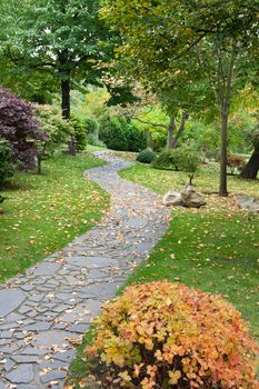 Path from stone in autumn park with green herb and tree