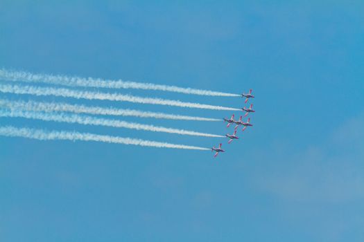 MALAGA, SPAIN-MAY 28: Aircrafts of the Patrulla Aguila taking part in an exhibition on the day of the spanish army forces on May 28, 2011, in Malaga, Spain