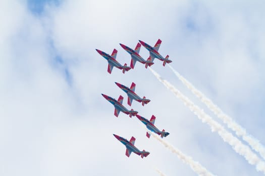 MALAGA, SPAIN-MAY 28: Aircrafts of the Patrulla Aguila taking part in an exhibition on the day of the spanish army forces on May 28, 2011, in Malaga, Spain